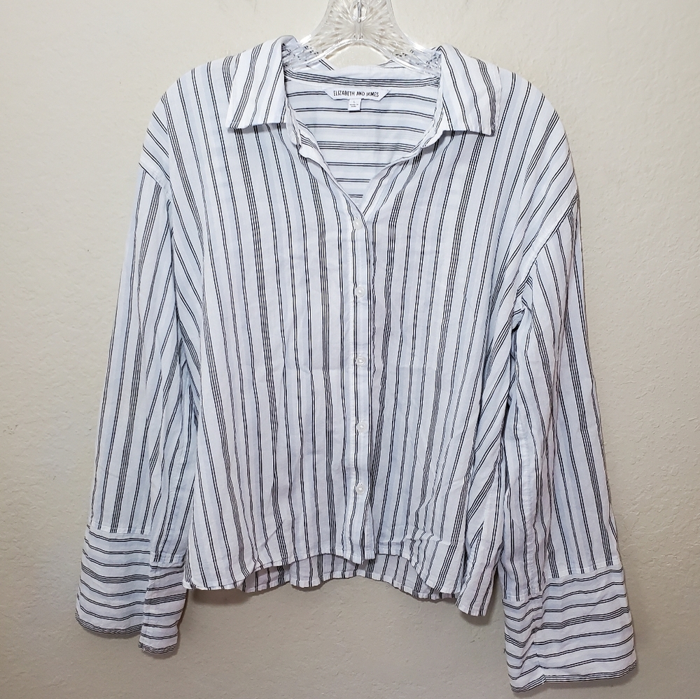 Elizabeth and James Oversized Striped Collared Button Down Cotton Top